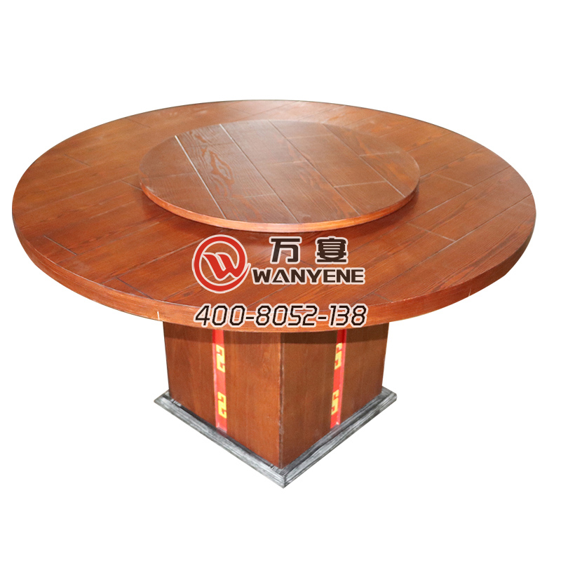 棕色实木圆桌 方桶做旧风格餐桌 中间带可拆卸转盘 工业主题个性做旧圆形实木包间桌子